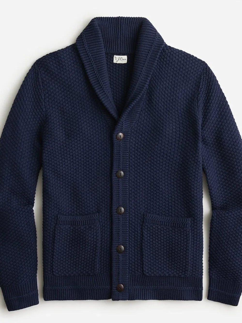 J.Crew Checker-Stitch Cotton Shawl Cardigan Button Pocket Navy  #BI890